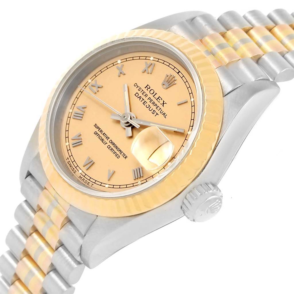 This image shows a Rolex President 69179 Women's White Gold Brown Dial 69179 Women's White Gold Brown Dial model watch from a side angle, highlighting the dial, crown, bezel, and part of the bracelet.