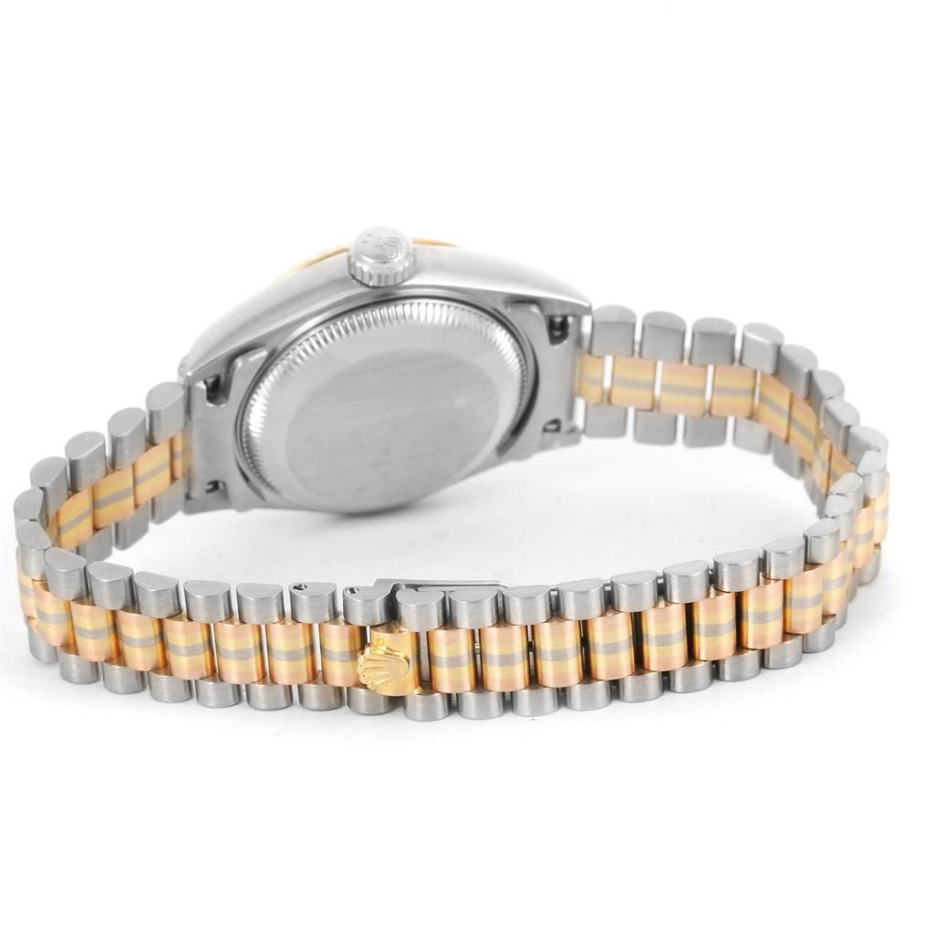 The image shows the back case and bracelet of a Rolex President 69179 Women's White Gold Brown Dial 69179 Women's White Gold Brown Dial model watch from a rear angle.