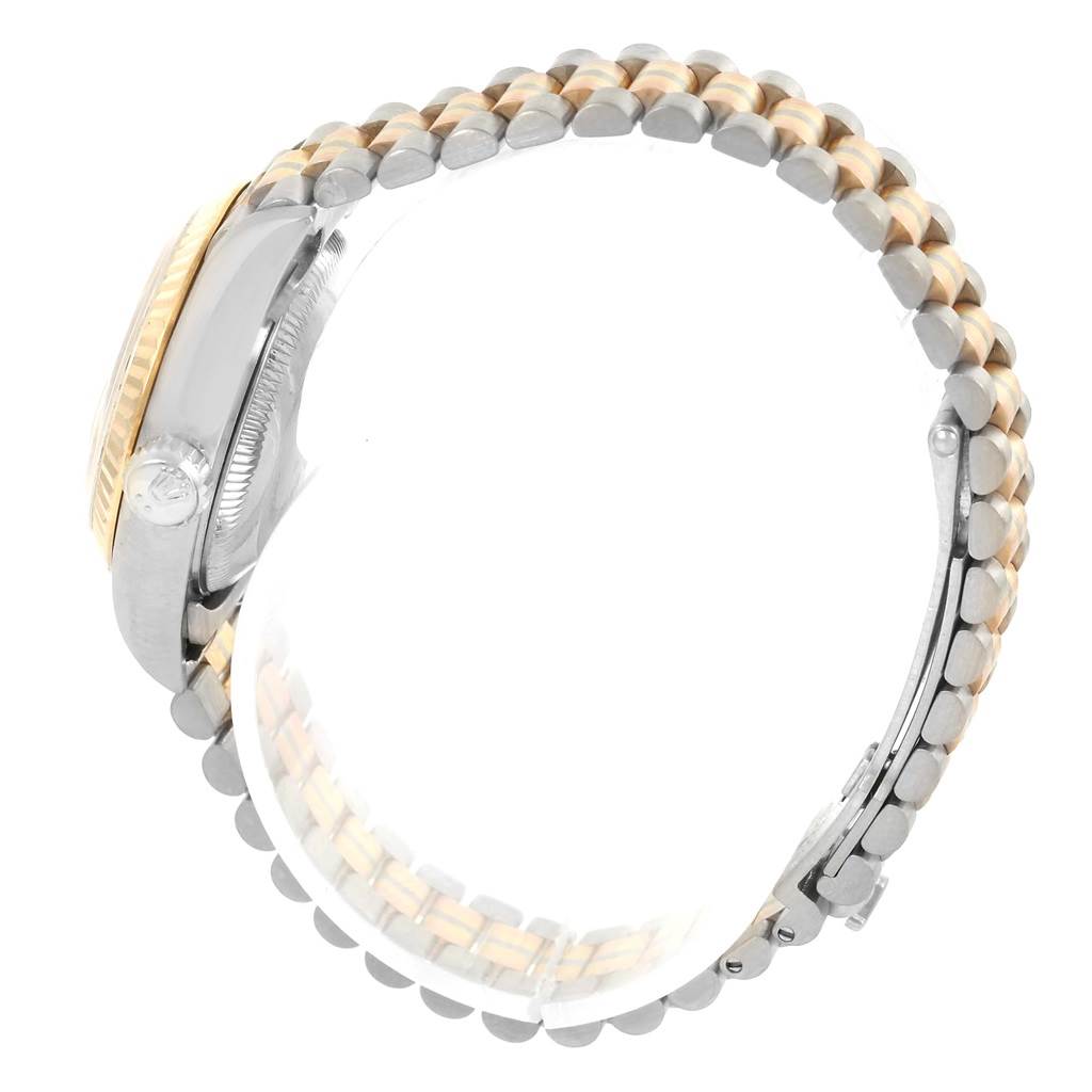 The image shows a side view of the Rolex President 69179 Women's White Gold Brown Dial 69179 Women's White Gold Brown Dial model watch, highlighting its two-tone bracelet and crown.