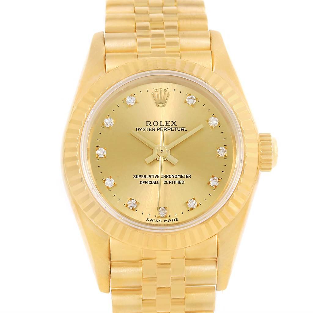This image shows a frontal view of a Rolex President 76198 Women's Yellow Gold Champagne Dial 76198 Women's Yellow Gold Champagne Dial watch, highlighting the dial, bezel, crown, and bracelet.