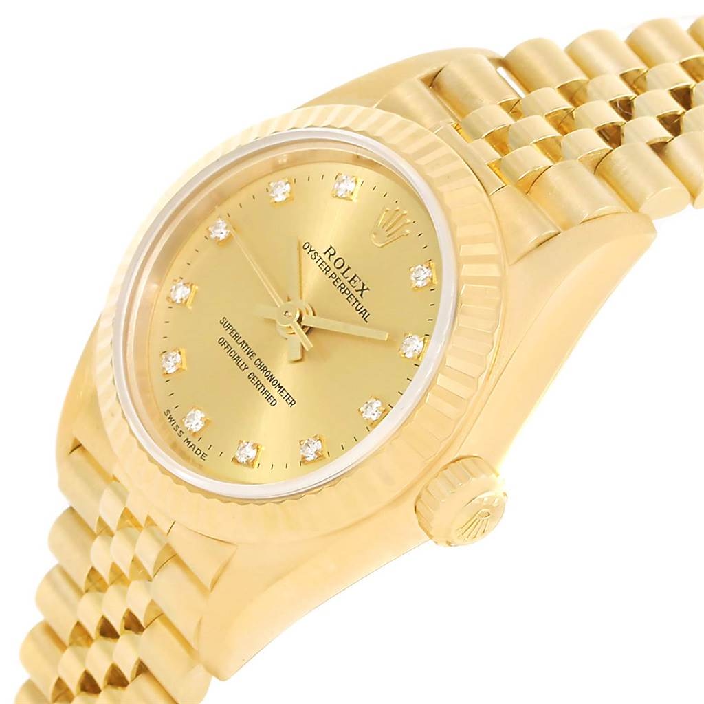The image shows a Rolex President 76198 Women's Yellow Gold Champagne Dial 76198 Women's Yellow Gold Champagne Dial model watch at an angled view, highlighting its gold case, bezel, dial, and bracelet.