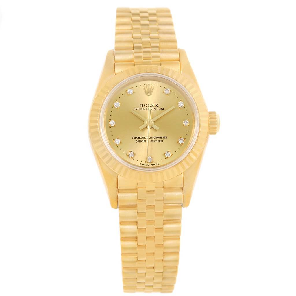 This image shows a Rolex President 76198 Women's Yellow Gold Champagne Dial 76198 Women's Yellow Gold Champagne Dial model watch from a front angle, highlighting the dial, case, and bracelet.