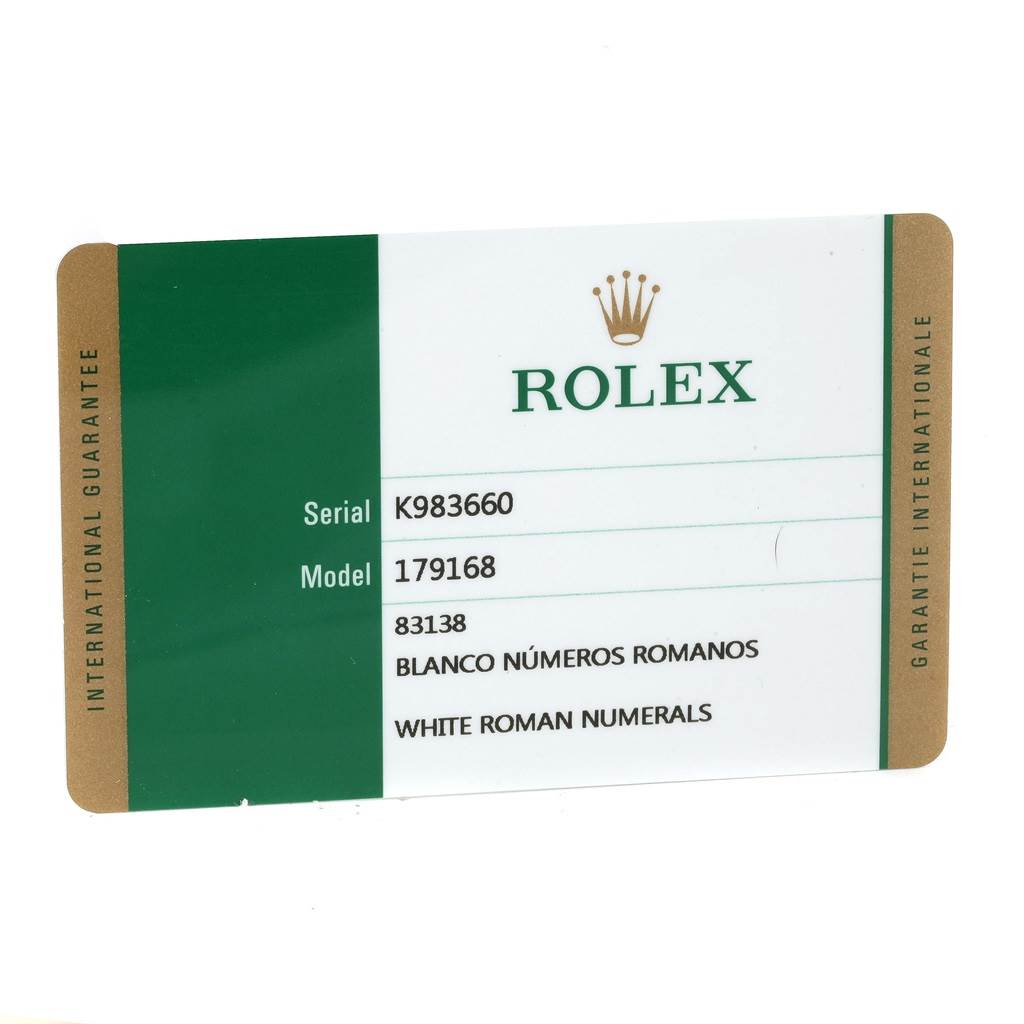 This image shows the warranty card for a Rolex President 179168 Women's Yellow Gold White Dial 179168 Women's Yellow Gold White Dial model 179168, displaying serial and model numbers.
