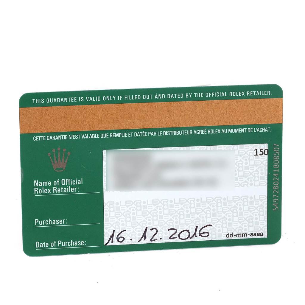 The image shows a warranty card for the President model by Rolex, with purchase date information and retailer details.