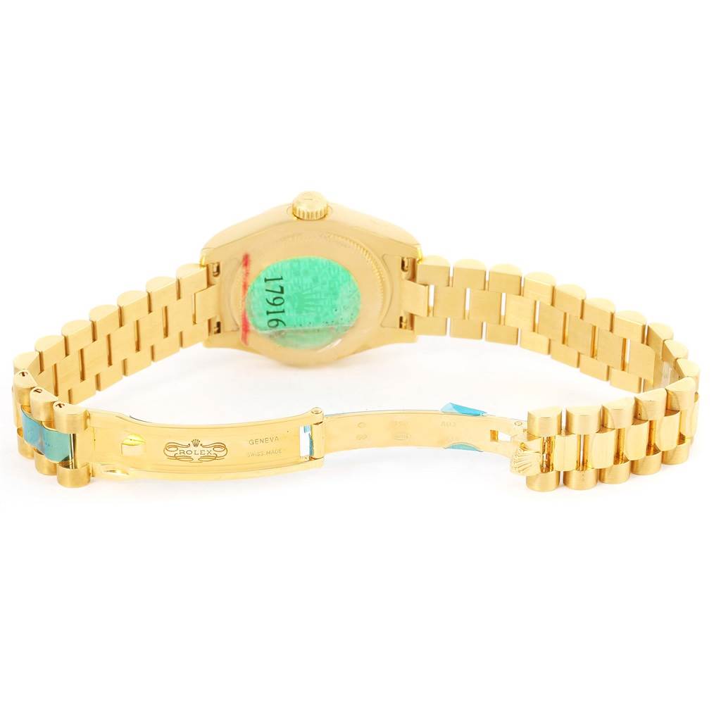 The image shows the back view of a Rolex President 179168 Women's Yellow Gold White Dial 179168 Women's Yellow Gold White Dial watch, highlighting the clasp and bracelet.
