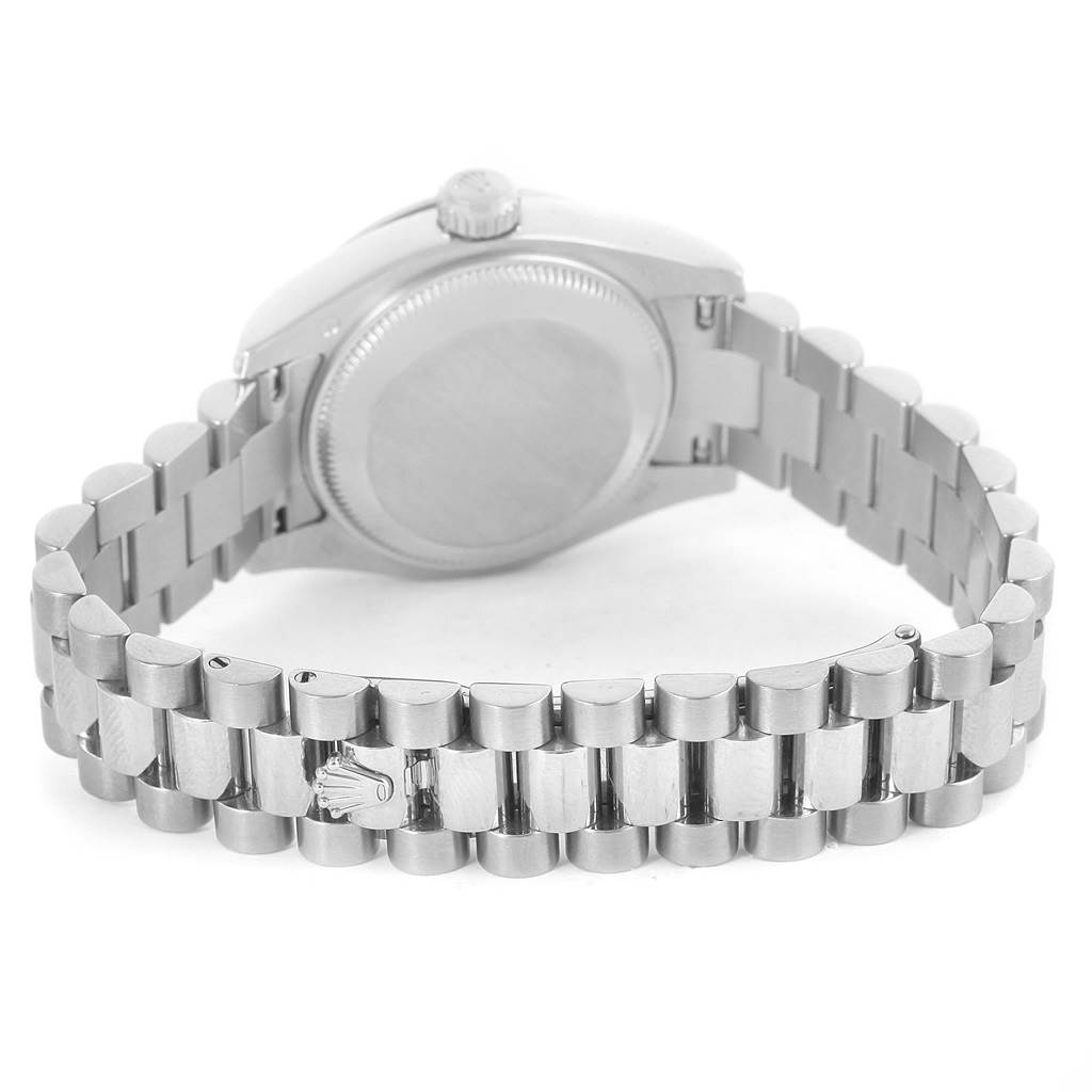 The image shows the back view of the Rolex President 179159 Women's White Gold Mother of Pearl Dial 179159 Women's White Gold Mother of Pearl Dial model watch displaying the bracelet and case back.