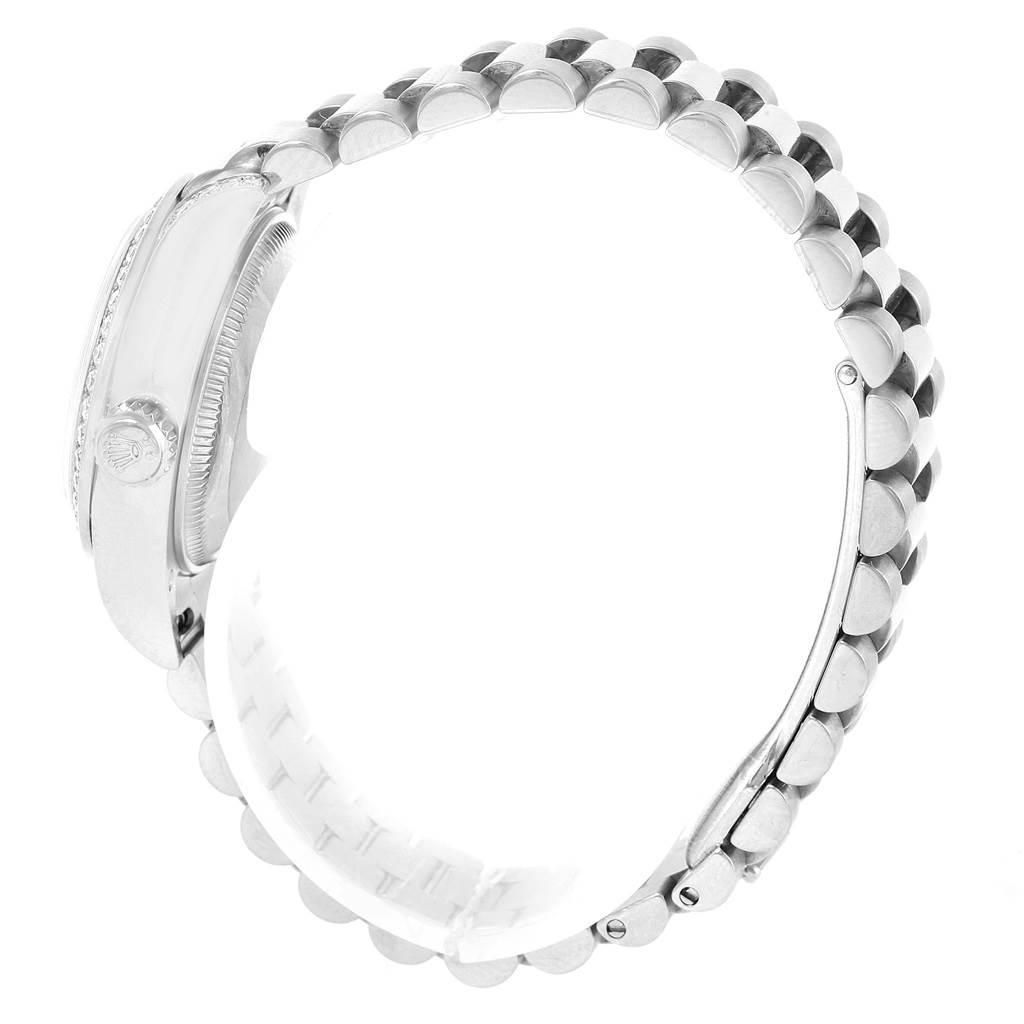 This image shows a side view of the bracelet and case of a Rolex President 179159 Women's White Gold Mother of Pearl Dial 179159 Women's White Gold Mother of Pearl Dial model watch.