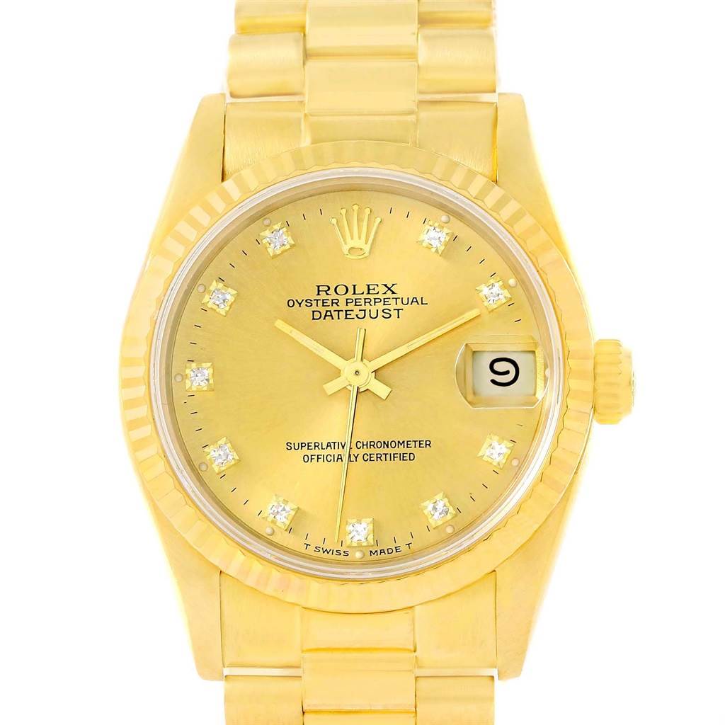 This image shows a frontal view of the Rolex President 68278 Women's Yellow Gold Champagne Dial 68278 Women's Yellow Gold Champagne Dial model watch, displaying the dial, hands, date window, and part of the bracelet.