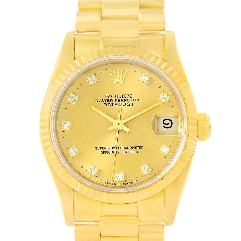 Rolex President Datejust Midsize 18K Yellow Gold Diamond Watch 68278 SwissWatchExpo