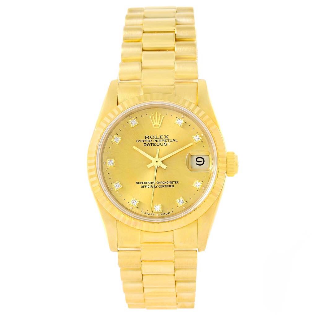 The image shows a front view of a Rolex President 68278 Women's Yellow Gold Champagne Dial 68278 Women's Yellow Gold Champagne Dial model, displaying the dial, bezel, and bracelet.