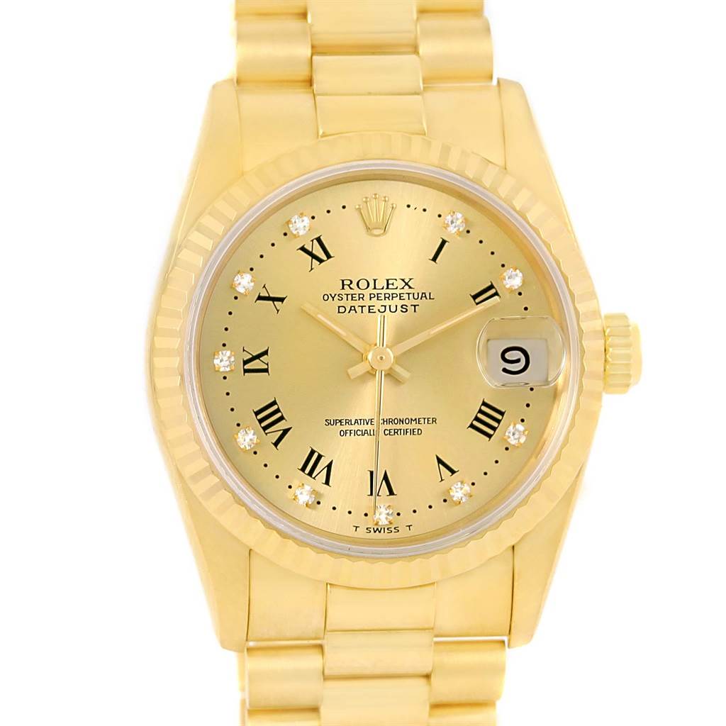 The image shows a front view of a Rolex President 68278 Women's Yellow Gold Champagne Dial 68278 Women's Yellow Gold Champagne Dial Datejust watch with a gold dial, Roman numerals, and a date window.