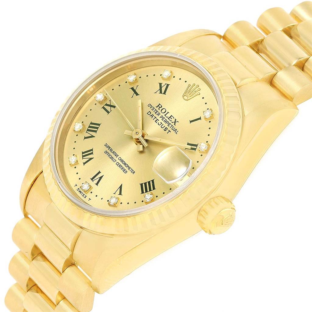 This is a close-up angled view of the Rolex President 68278 Women's Yellow Gold Champagne Dial 68278 Women's Yellow Gold Champagne Dial model watch, showing the dial, bezel, crown, and bracelet details.