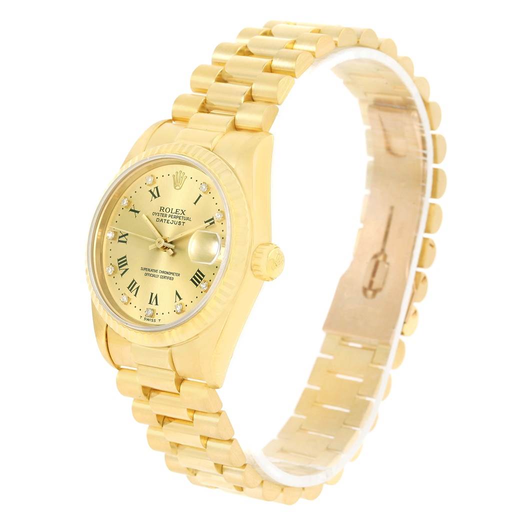 The image shows a side angle view of a Rolex President 68278 Women's Yellow Gold Champagne Dial 68278 Women's Yellow Gold Champagne Dial model watch, highlighting the dial, crown, and bracelet.
