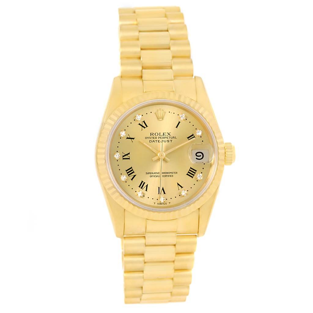 This image shows a front view of a Rolex President 68278 Women's Yellow Gold Champagne Dial 68278 Women's Yellow Gold Champagne Dial model watch with a gold bracelet and a date display.