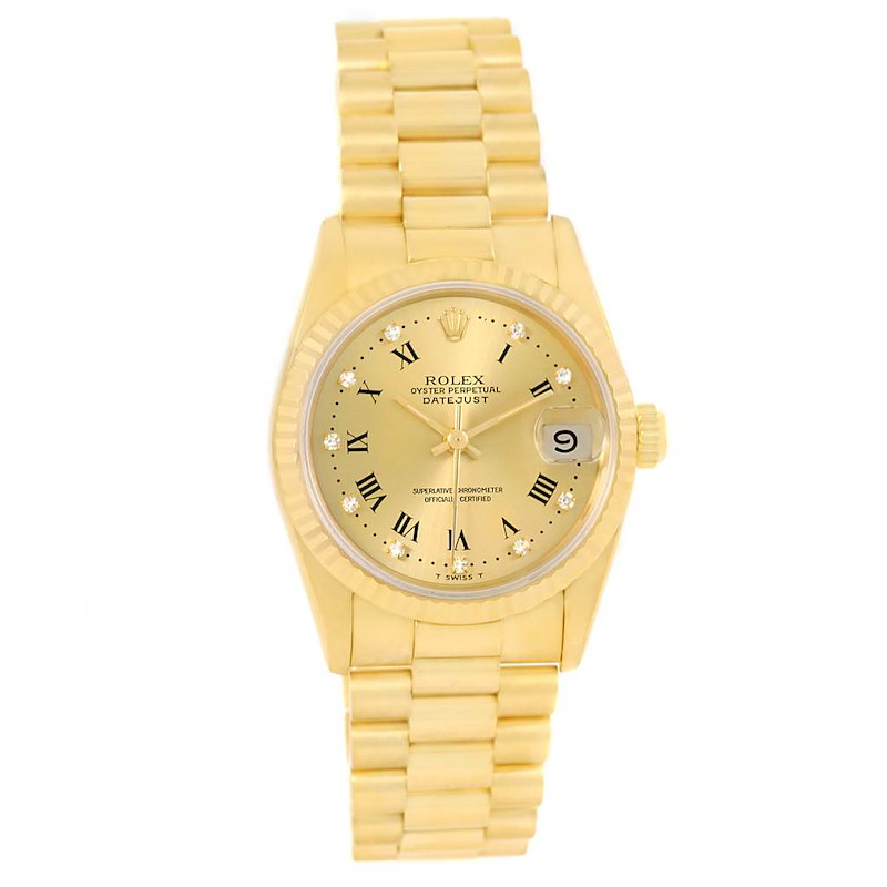 Rolex President Datejust Midsize Yellow Gold Diamond Roman Watch 68278 SwissWatchExpo