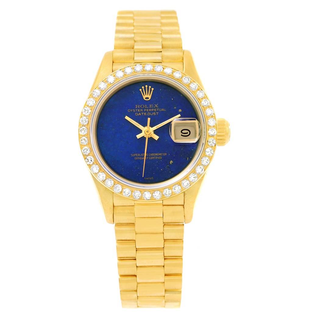 The image shows the front view of a Rolex President 69178 Women's Yellow Gold Blue Dial 69178 Women's Yellow Gold Blue Dial model watch, highlighting its gold bracelet and blue dial with a diamond bezel.
