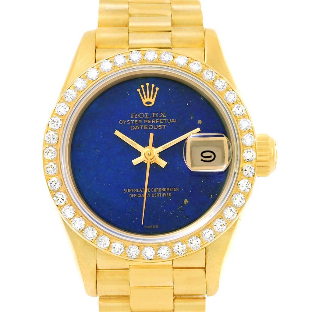 This is a front view of the Rolex President 69178 Women's Yellow Gold Blue Dial 69178 Women's Yellow Gold Blue Dial model watch, showing the dial, hands, date window, and diamond-set bezel.