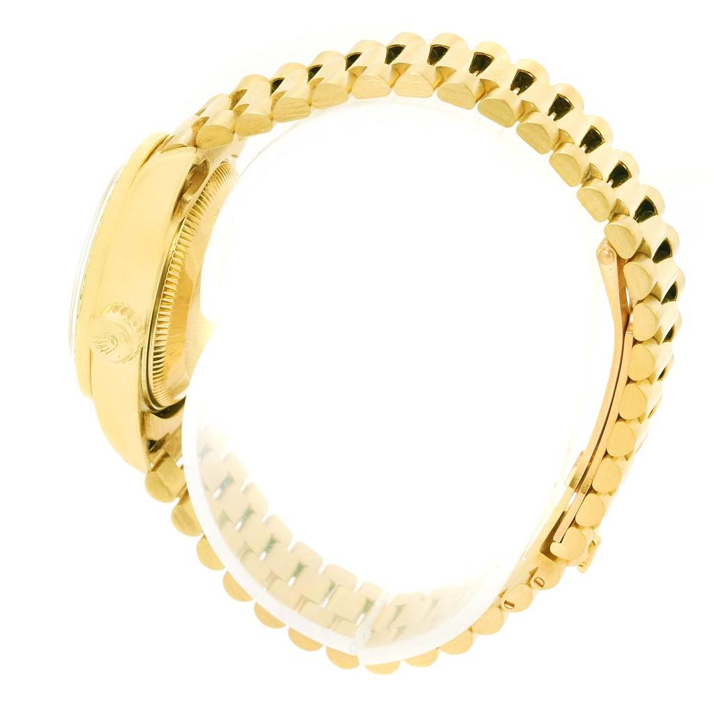 This image shows a side view of the Rolex President 69178 Women's Yellow Gold Blue Dial 69178 Women's Yellow Gold Blue Dial model watch, highlighting its gold case and bracelet.