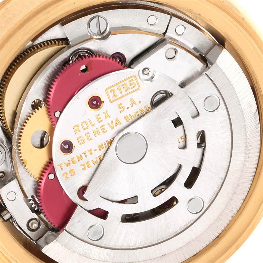 This image shows a close-up, top-down view of the movement of a Rolex President 69178 Women's Yellow Gold Champagne Dial 69178 Women's Yellow Gold Champagne Dial model watch.