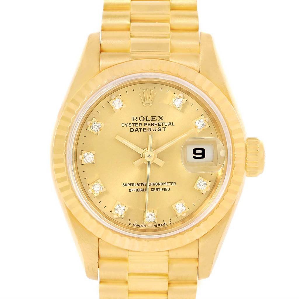 The image shows a frontal view of a Rolex President 69178 Women's Yellow Gold Champagne Dial 69178 Women's Yellow Gold Champagne Dial Datejust watch, showcasing its dial, bezel, and bracelet.