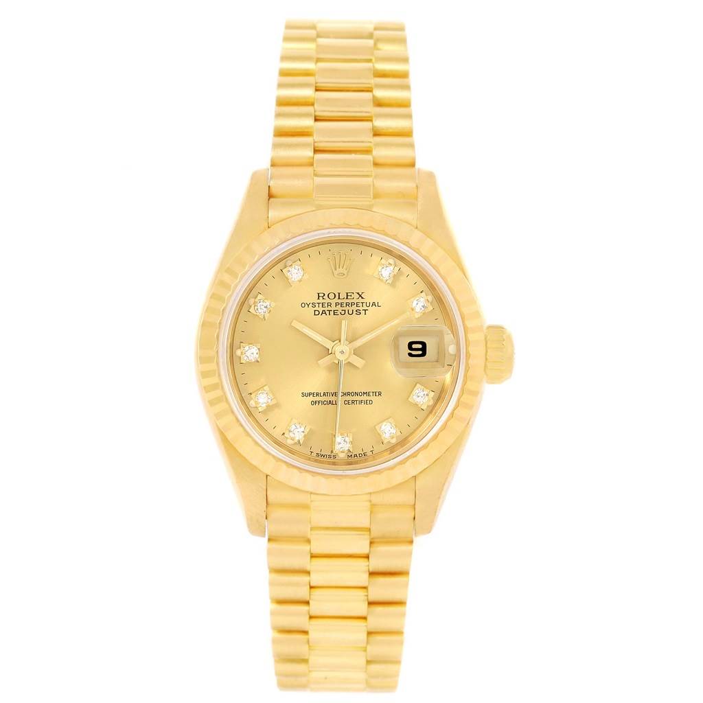 This image shows the front view of a Rolex President 69178 Women's Yellow Gold Champagne Dial 69178 Women's Yellow Gold Champagne Dial model watch, displaying the face, bracelet, and dial.