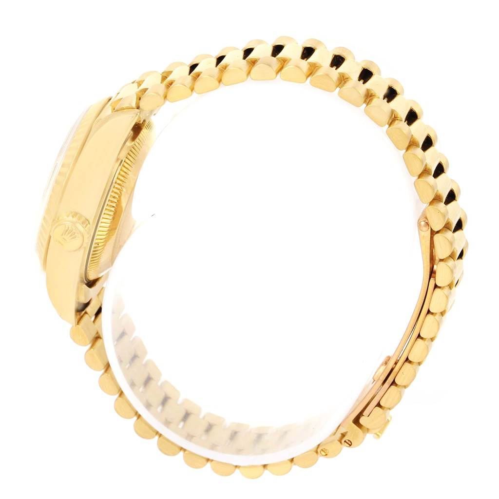 This image shows a side profile of a Rolex President 69178 Women's Yellow Gold Champagne Dial 69178 Women's Yellow Gold Champagne Dial model, highlighting its gold case and link bracelet.