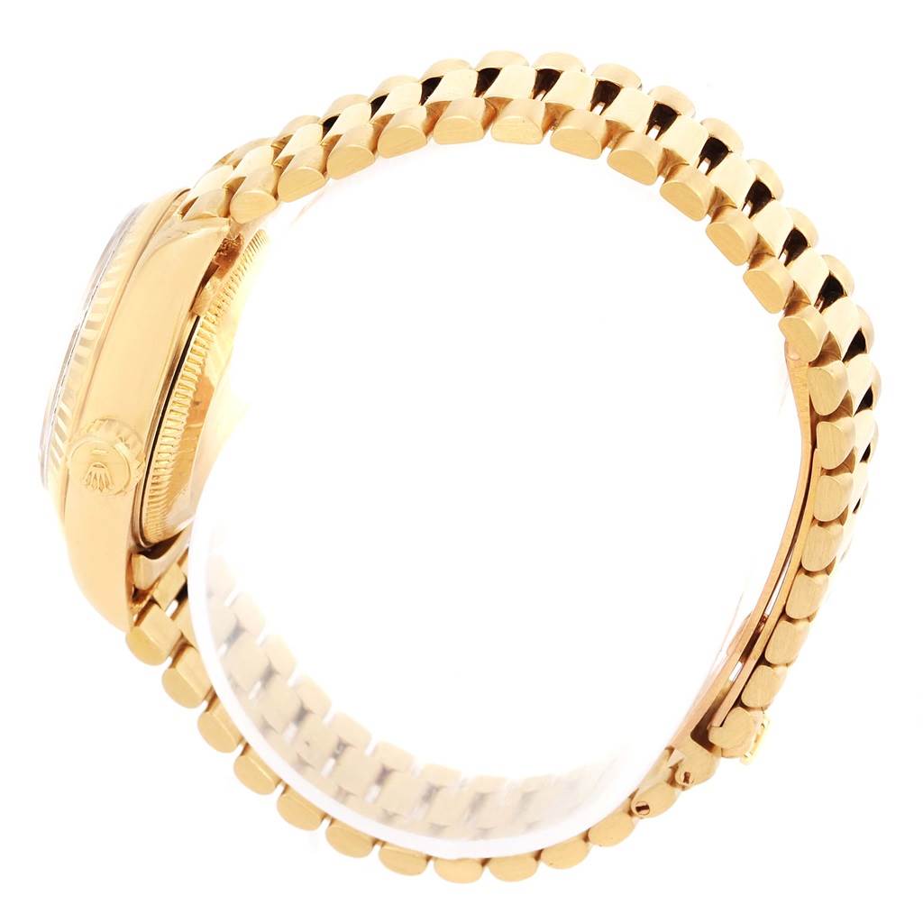 This image shows a side view of the Rolex President 69178 Women's Yellow Gold Champagne Dial 69178 Women's Yellow Gold Champagne Dial model, highlighting the bezel, crown, and bracelet.