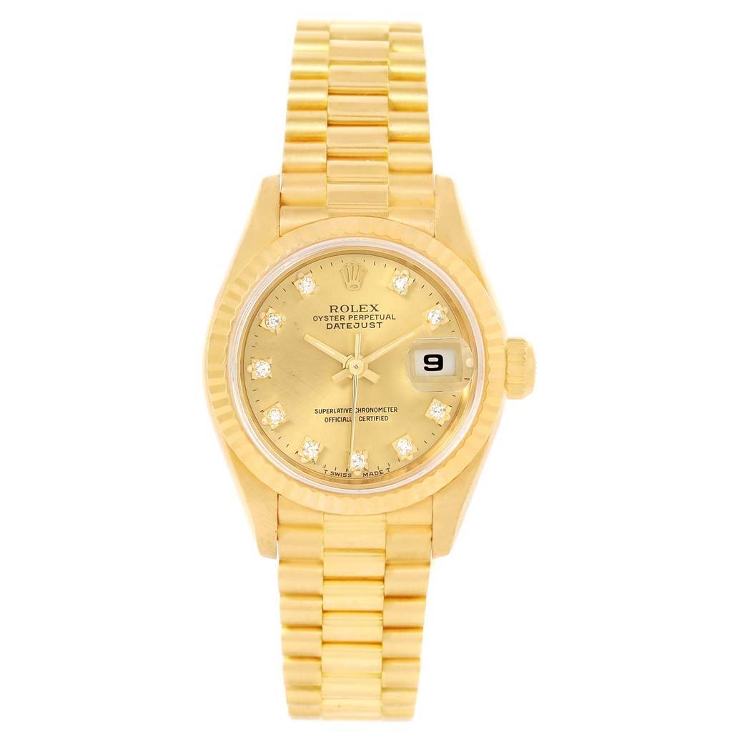 The image shows a Rolex President 69178 Women's Yellow Gold Champagne Dial 69178 Women's Yellow Gold Champagne Dial model watch from a front angle, displaying the gold case, bracelet, face, and dial.