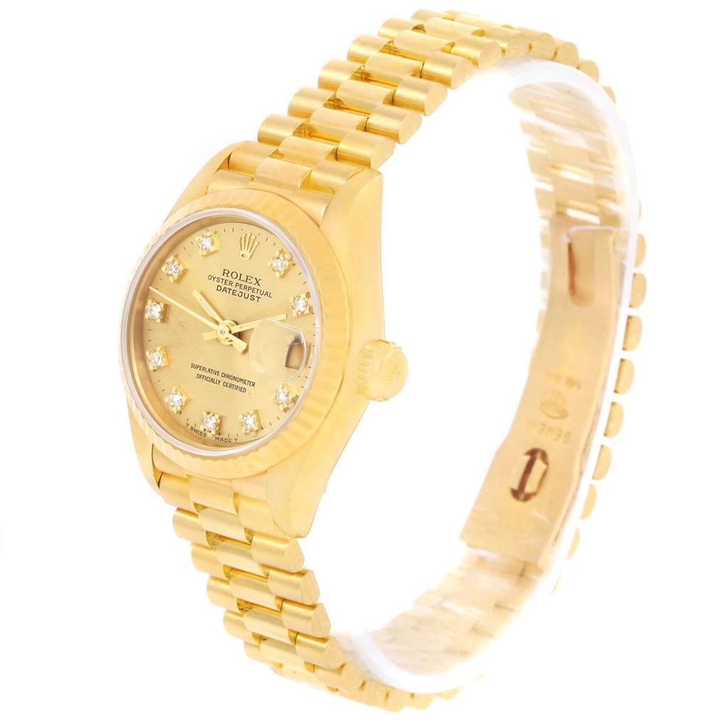 The image shows a Rolex President 69178 Women's Yellow Gold Champagne Dial 69178 Women's Yellow Gold Champagne Dial model watch at a 3/4 angle, displaying the face, bracelet, and a side view of the crown.