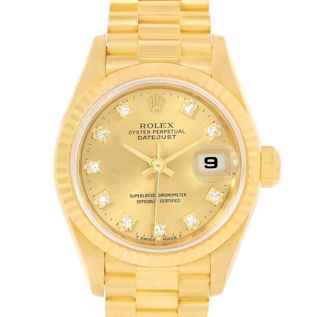This image shows a front view of the Rolex President 69178 Women's Yellow Gold Champagne Dial 69178 Women's Yellow Gold Champagne Dial Datejust watch, highlighting its dial, hands, date window, and bracelet.