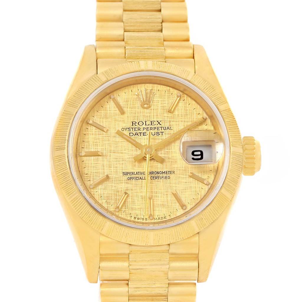 The image shows a frontal view of a Rolex President 69278 Women's Yellow Gold Champagne Dial 69278 Women's Yellow Gold Champagne Dial model watch, highlighting the dial, bezel, and bracelet.