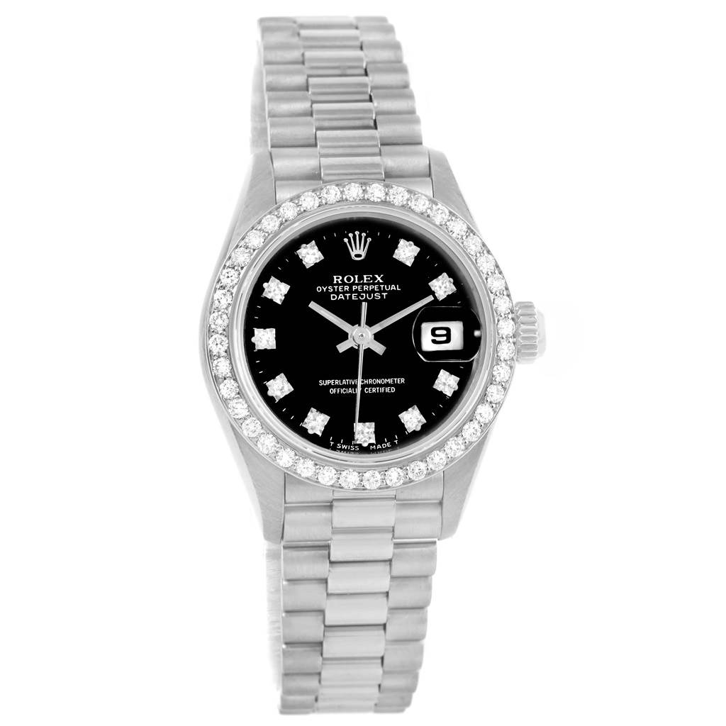 The image shows a Rolex President 69139 Women's White Gold Black Dial 69139 Women's White Gold Black Dial model watch with a diamond bezel, black dial, date display, and metal bracelet, viewed from the front.