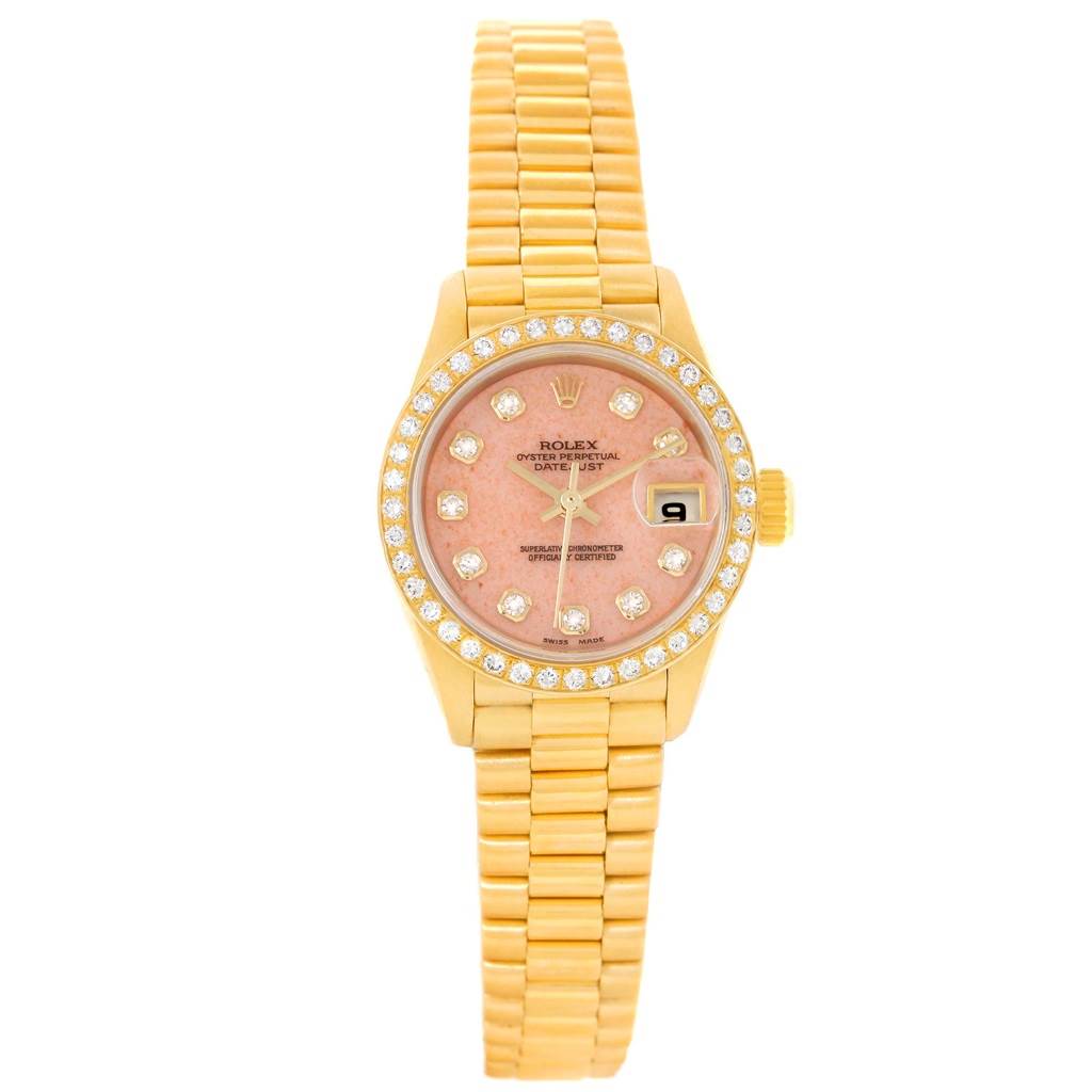 The image shows a frontal view of a Rolex President 69138 Women's Yellow Gold Pink Dial 69138 Women's Yellow Gold Pink Dial model watch, displaying its face, bezel, and bracelet.