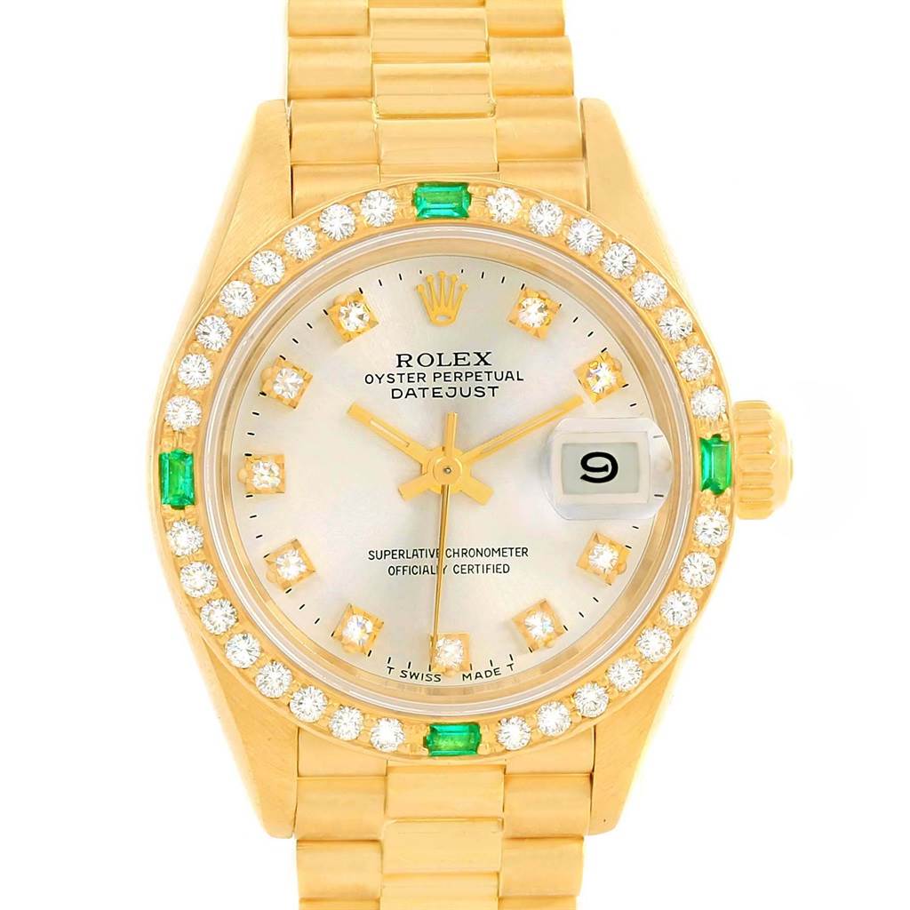 This is a front view of a Rolex President 69078 Women's Yellow Gold Silver Dial 69078 Women's Yellow Gold Silver Dial model watch showcasing the dial, bezel, crown, and part of the bracelet.