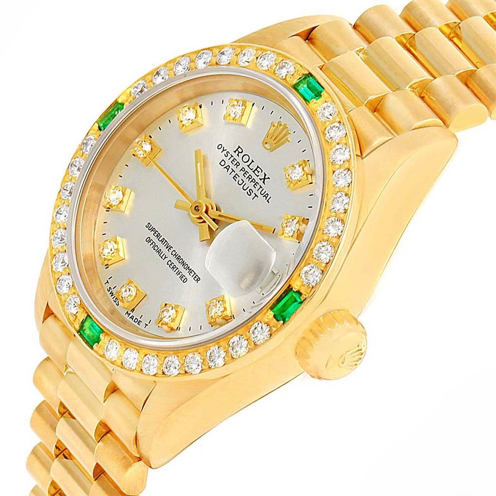 Rolex President Datejust 18K Yellow Gold Diamonds Emeralds Watch 69078 ...