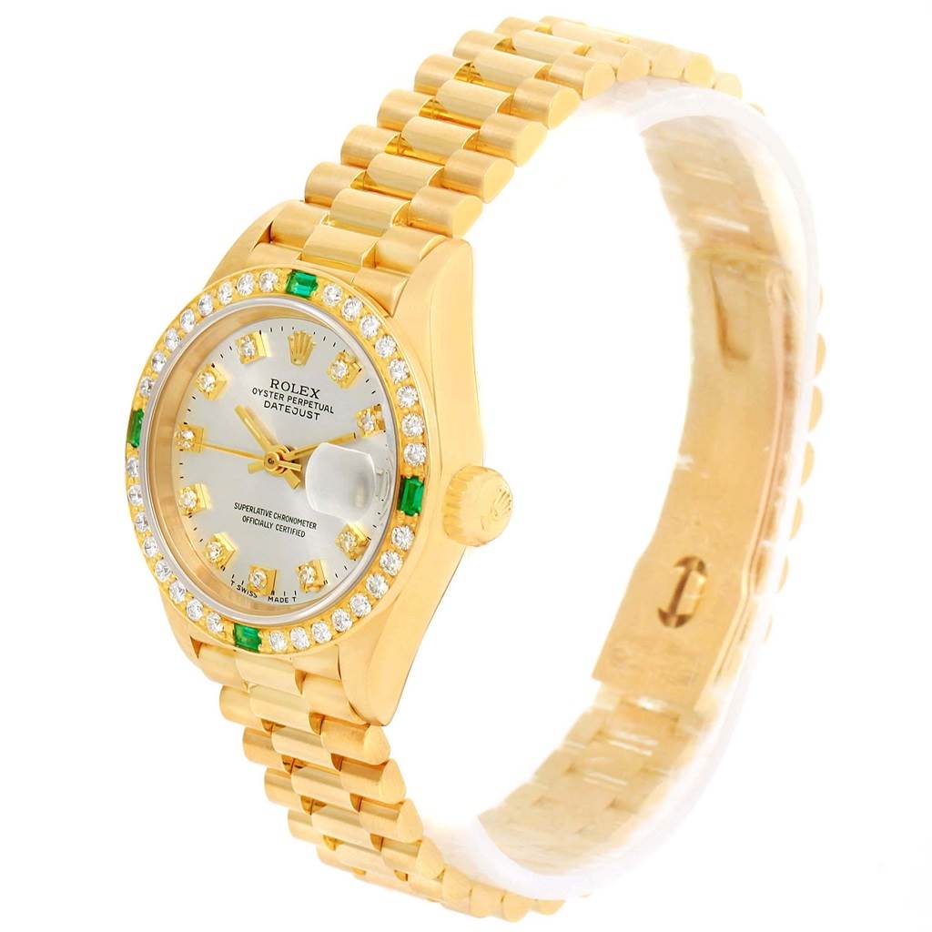 This image shows a President model Rolex watch at a slight angle, displaying its face, bezel, crown, and bracelet.