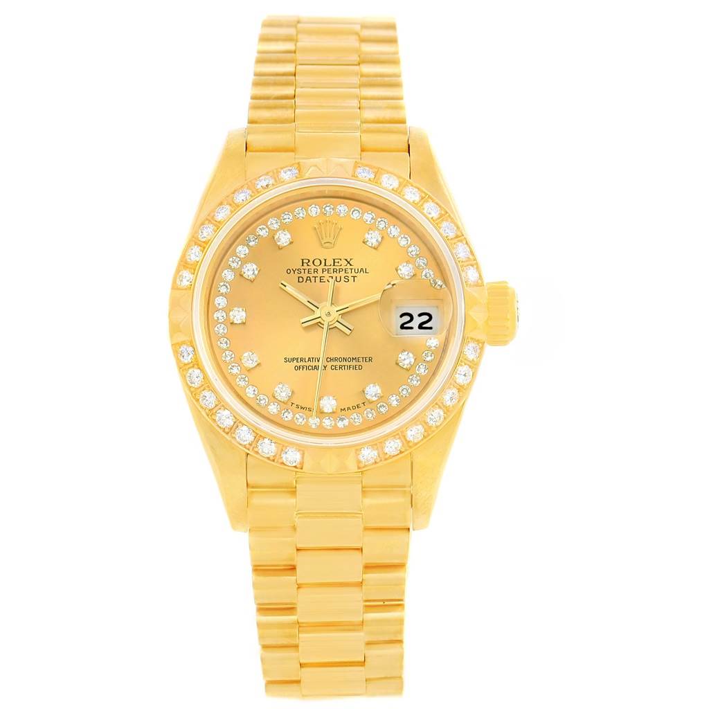 This image shows the full front view of a Rolex President 69158 Women's Yellow Gold Champagne Dial 69158 Women's Yellow Gold Champagne Dial model watch, highlighting the dial, bezel, and bracelet.