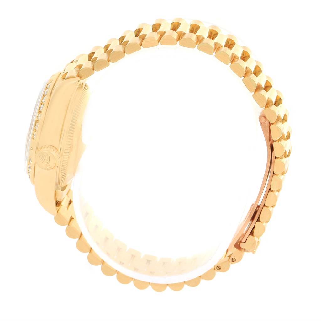 The image shows a side view of the bracelet and case of a Rolex President 69158 Women's Yellow Gold Champagne Dial 69158 Women's Yellow Gold Champagne Dial model watch.