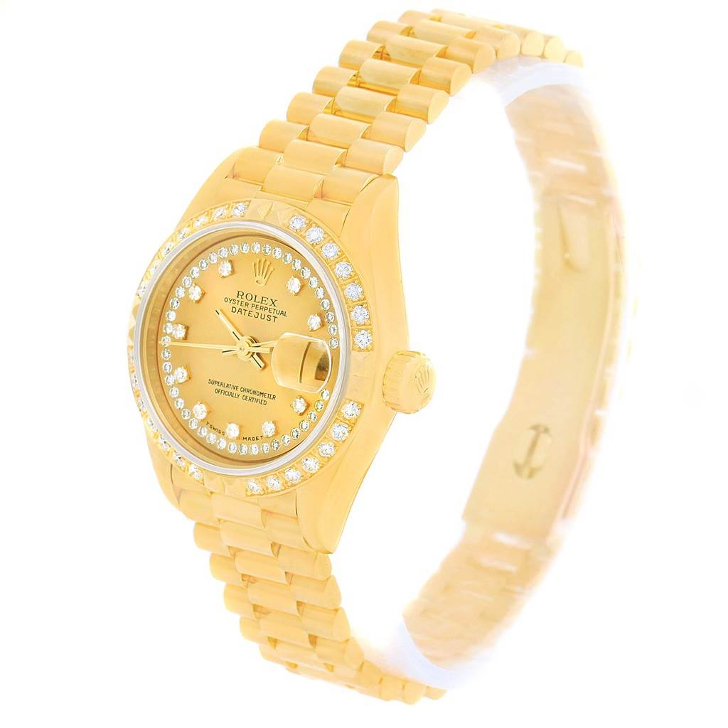 The image shows a Rolex President 69158 Women's Yellow Gold Champagne Dial 69158 Women's Yellow Gold Champagne Dial model watch at a three-quarter angle, highlighting the bracelet, dial, bezel, and crown.