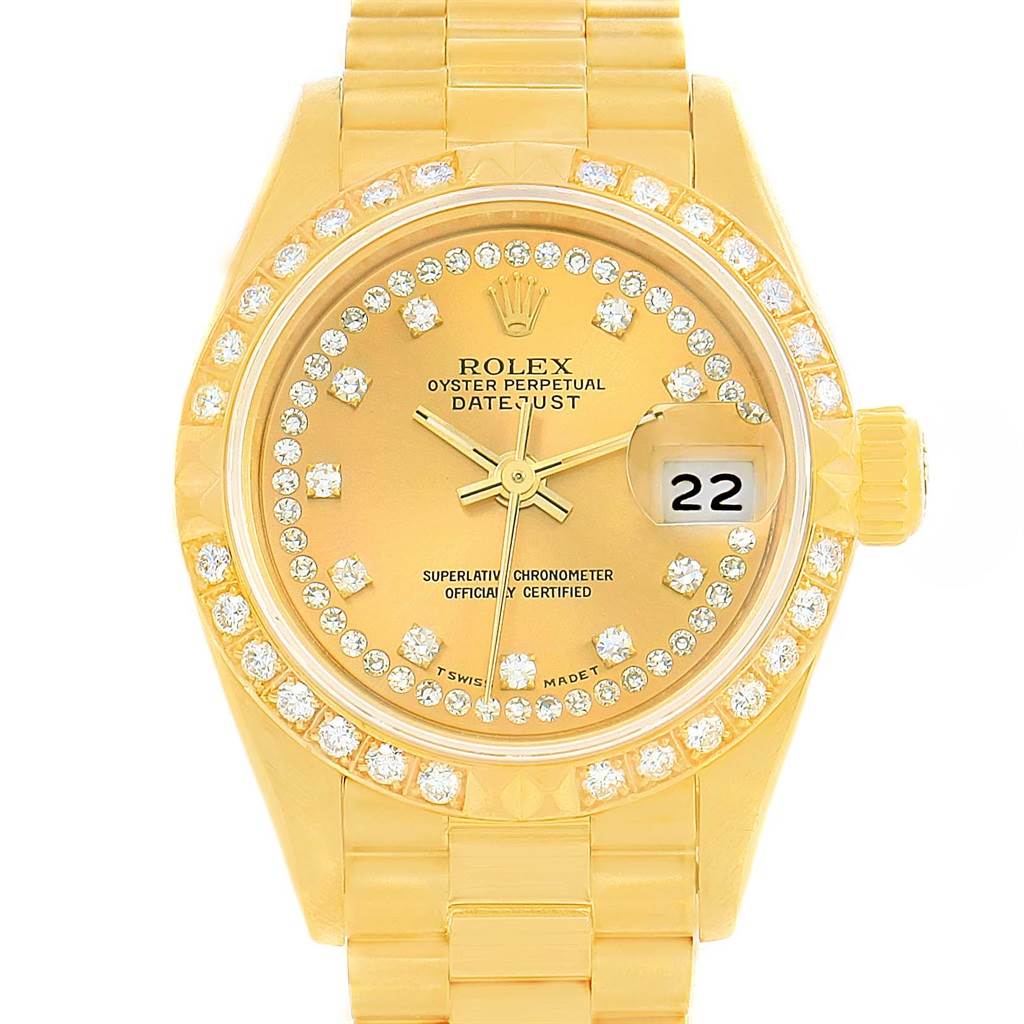 The image shows a front view of the Rolex President 69158 Women's Yellow Gold Champagne Dial 69158 Women's Yellow Gold Champagne Dial model, highlighting the dial, bezel, and bracelet.