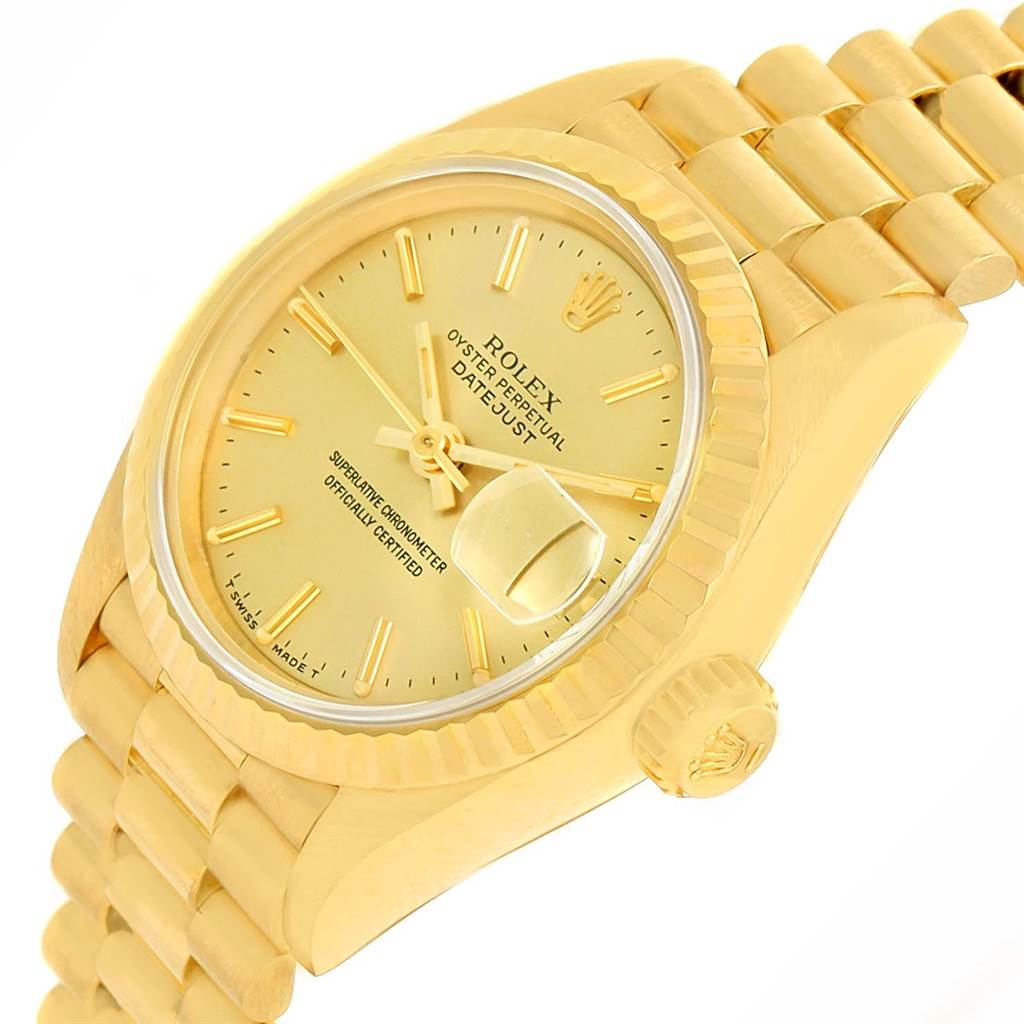 This image shows a side and slightly angled view of the Rolex President 69178 Women's Yellow Gold Champagne Dial 69178 Women's Yellow Gold Champagne Dial model watch, highlighting the dial, bezel, crown, and bracelet.
