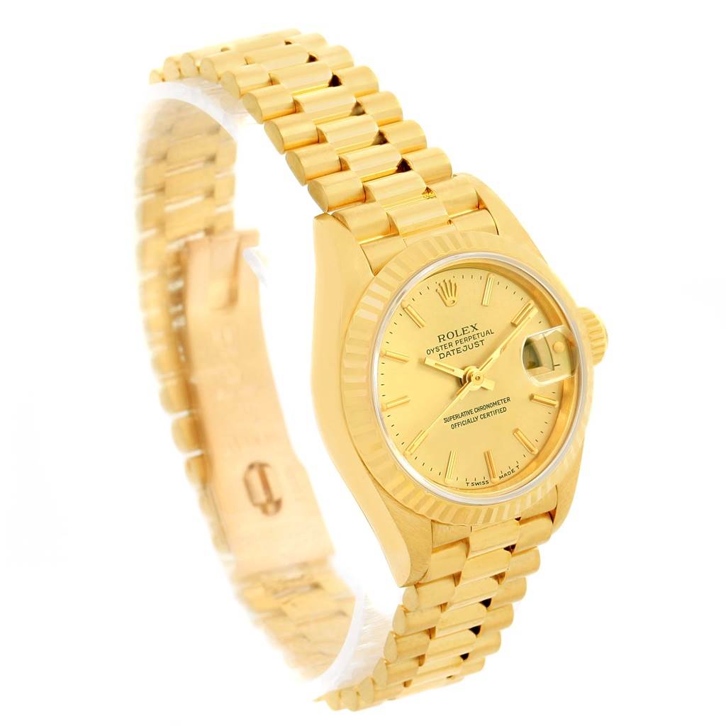 This image shows the Rolex President 69178 Women's Yellow Gold Champagne Dial 69178 Women's Yellow Gold Champagne Dial model watch from a front-side angle, highlighting the dial, bezel, and bracelet.