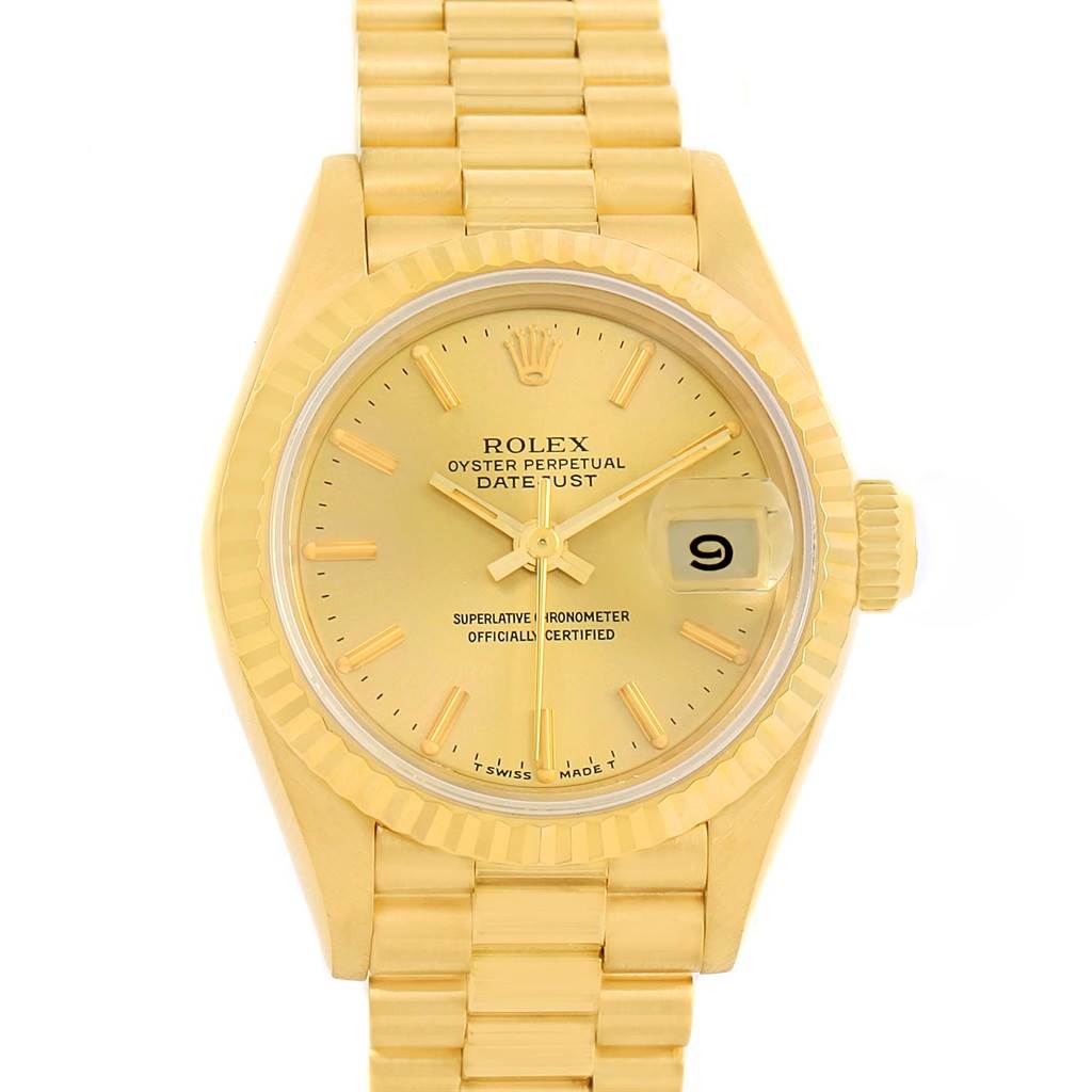 The image shows a front view of a Rolex President 69178 Women's Yellow Gold Champagne Dial 69178 Women's Yellow Gold Champagne Dial Datejust watch, featuring its dial, hands, bracelet, and date window.
