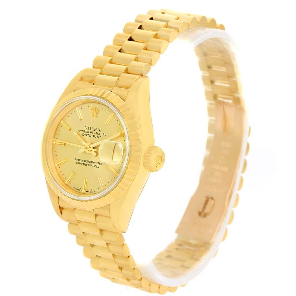 The image shows a side view of the Rolex President 69178 Women's Yellow Gold Champagne Dial 69178 Women's Yellow Gold Champagne Dial model watch, highlighting the face, bezel, crown, and bracelet.