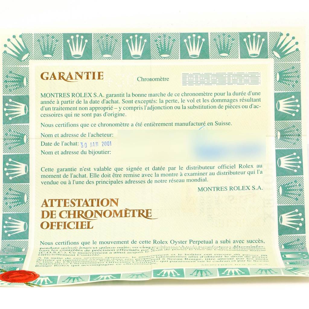 This image shows the warranty and official chronometer certification for a Rolex President 79288 Women's Yellow Gold Red Dial 79288 Women's Yellow Gold Red Dial model watch, dated January 30, 2001.