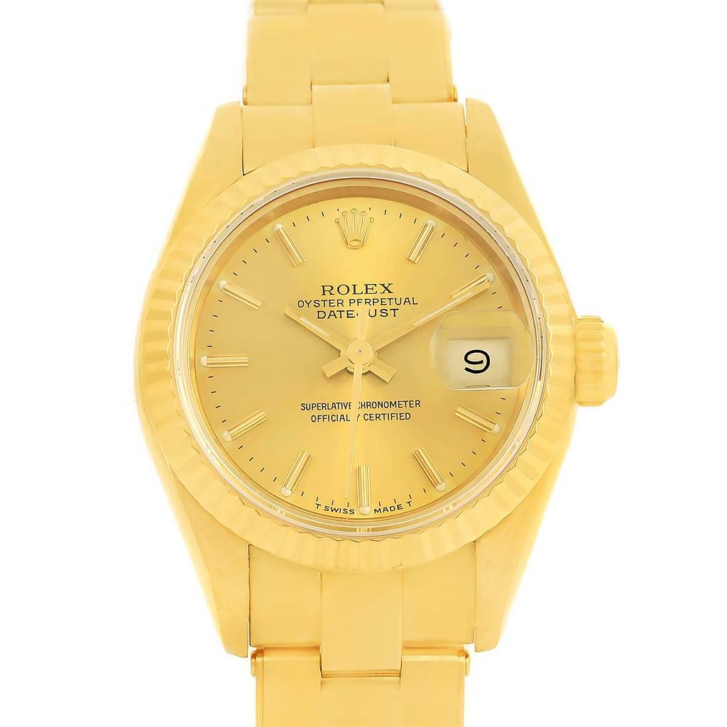This image shows a frontal view of the Rolex President 69178 Women's Yellow Gold Champagne Dial 69178 Women's Yellow Gold Champagne Dial model watch featuring its dial, bezel, bracelet, and date window.
