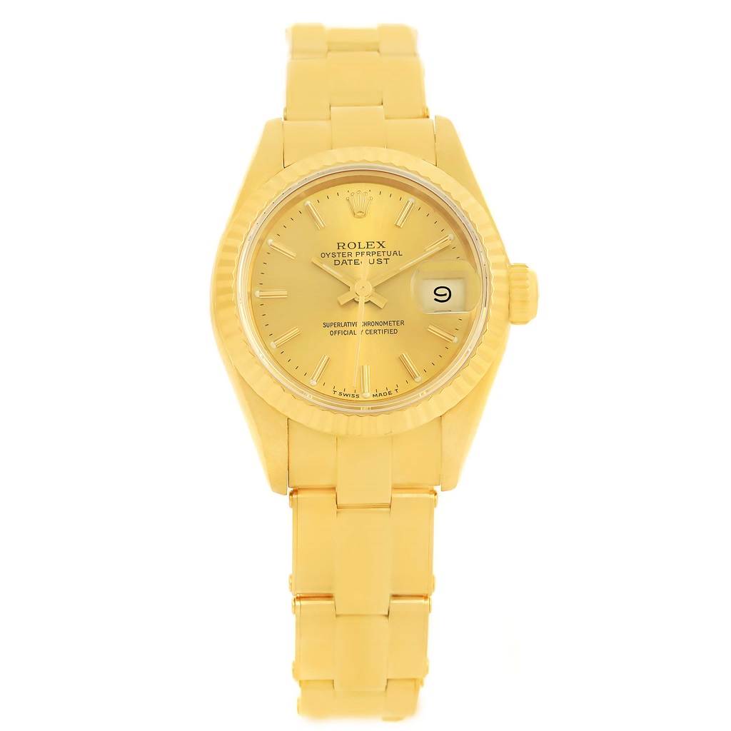 This image shows a frontal view of a Rolex President 69178 Women's Yellow Gold Champagne Dial 69178 Women's Yellow Gold Champagne Dial model watch, displaying its band, face, hands, and date window.