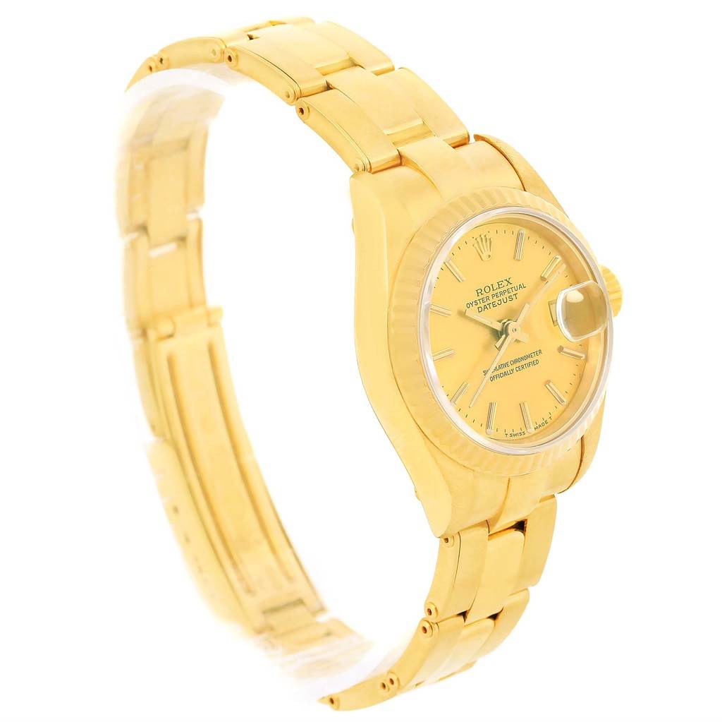 The image shows a side angle of a gold Rolex President 69178 Women's Yellow Gold Champagne Dial 69178 Women's Yellow Gold Champagne Dial model, displaying the bracelet, dial, and crown.