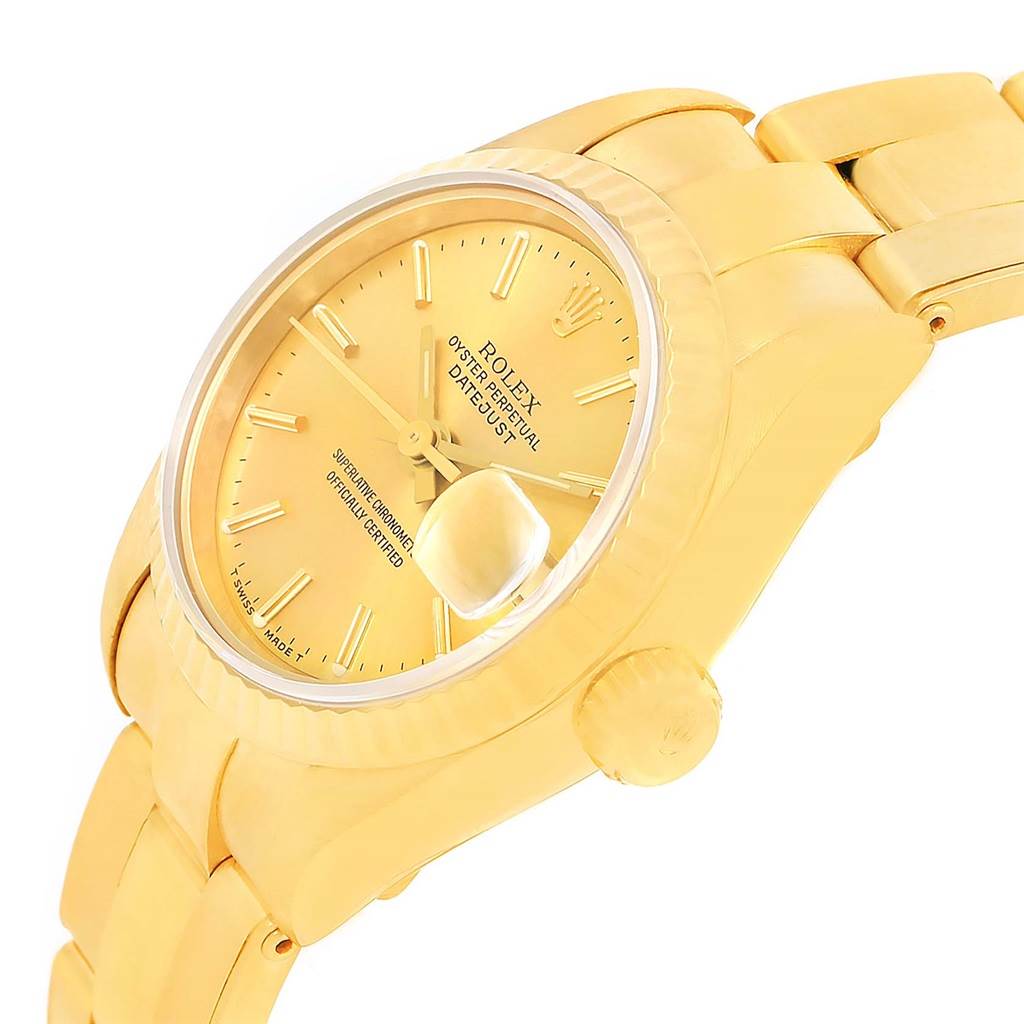 The image shows a side-angle view of the Rolex President 69178 Women's Yellow Gold Champagne Dial 69178 Women's Yellow Gold Champagne Dial model watch, highlighting the dial, bezel, and bracelet.