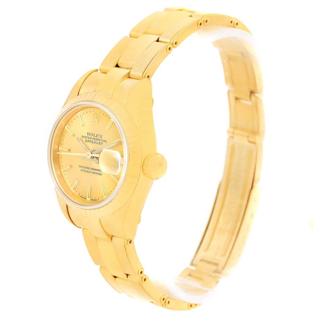 The Rolex President 69178 Women's Yellow Gold Champagne Dial 69178 Women's Yellow Gold Champagne Dial model watch is shown from a front-side angle, displaying the face, bezel, crown, and part of the bracelet.